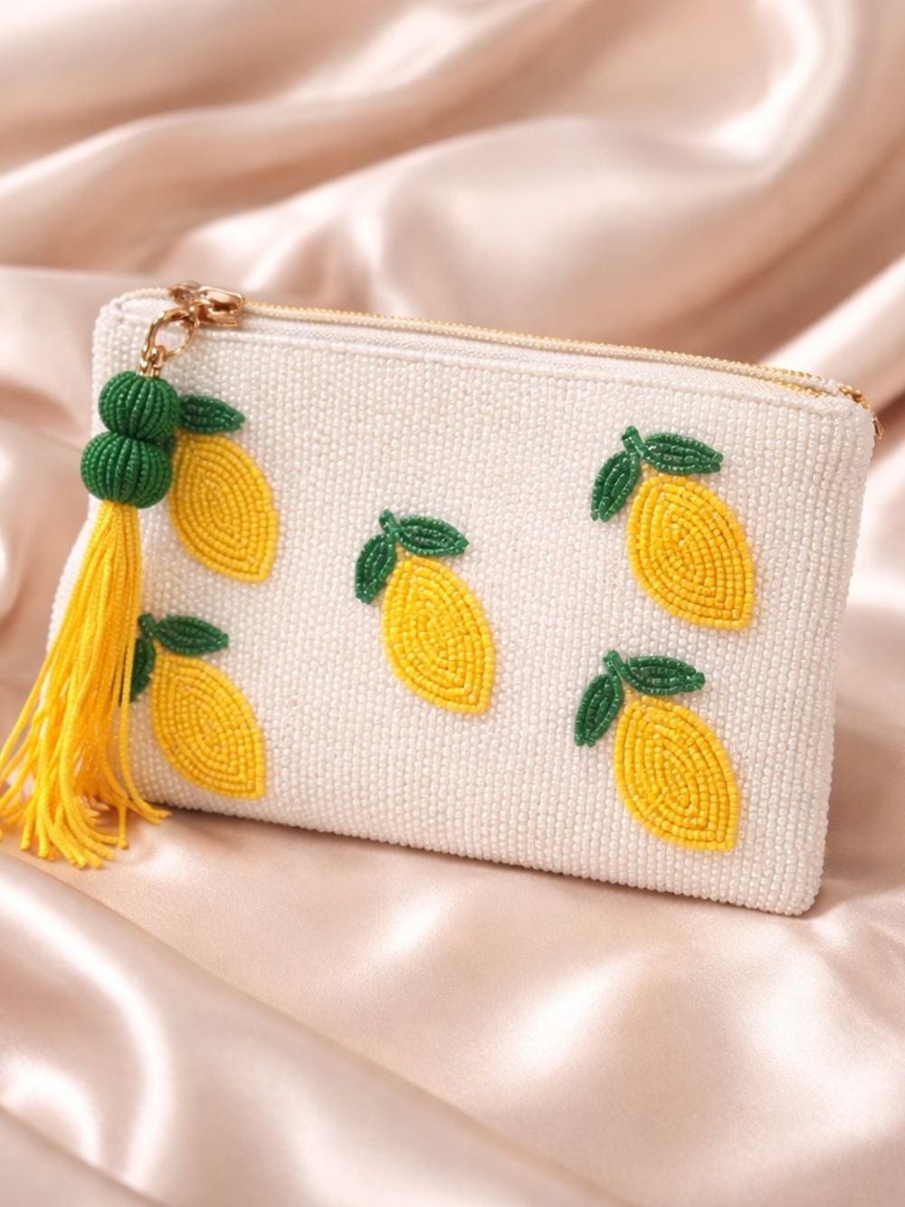 Beaded Lemon Clutch Wristlet - White and Yellow